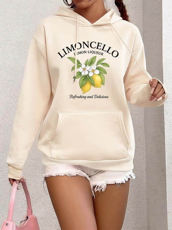Hooded Sweatshirt with Drawstring, Long Sleeve Casual Top, Lemon Letter Print, Fleece Fabric Polyester Hoodie for Men &...