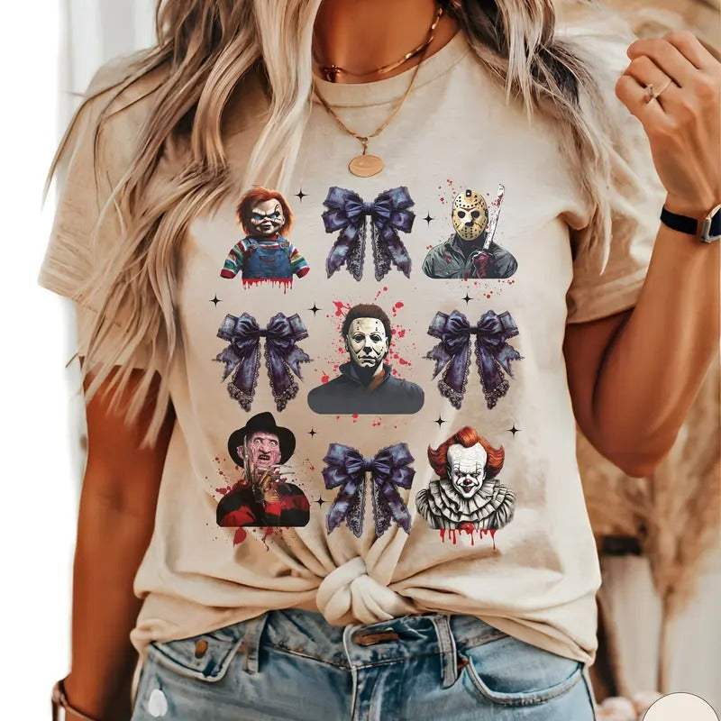 Horror Character Coquette Bow Halloween Shirt: A Chic Retro Look for Spooky Celebrations Hoodie, Sweatshirt