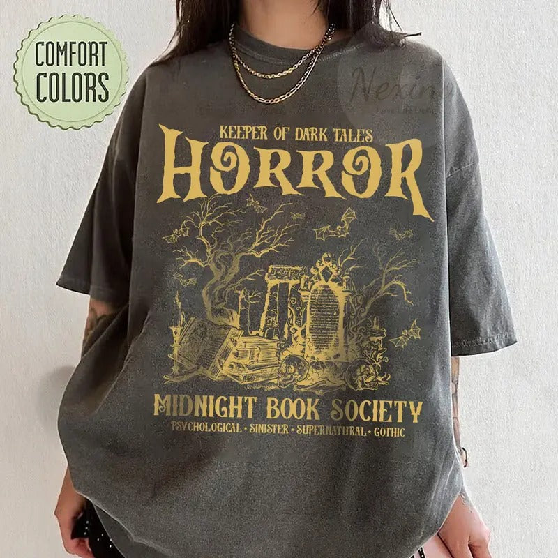 Horror Midnight Book Club Society Tee  Halloween Literary Vintage T-Shirt Psychic Supernatural Style Gothic Reader Horror...
