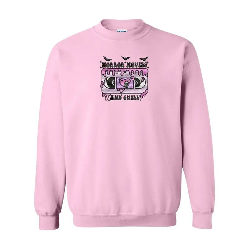 Horror Movies and Chill Embroidered Crewneck Sweatshirt T-Shirts, Hoodie | HypeCrazeTee.com