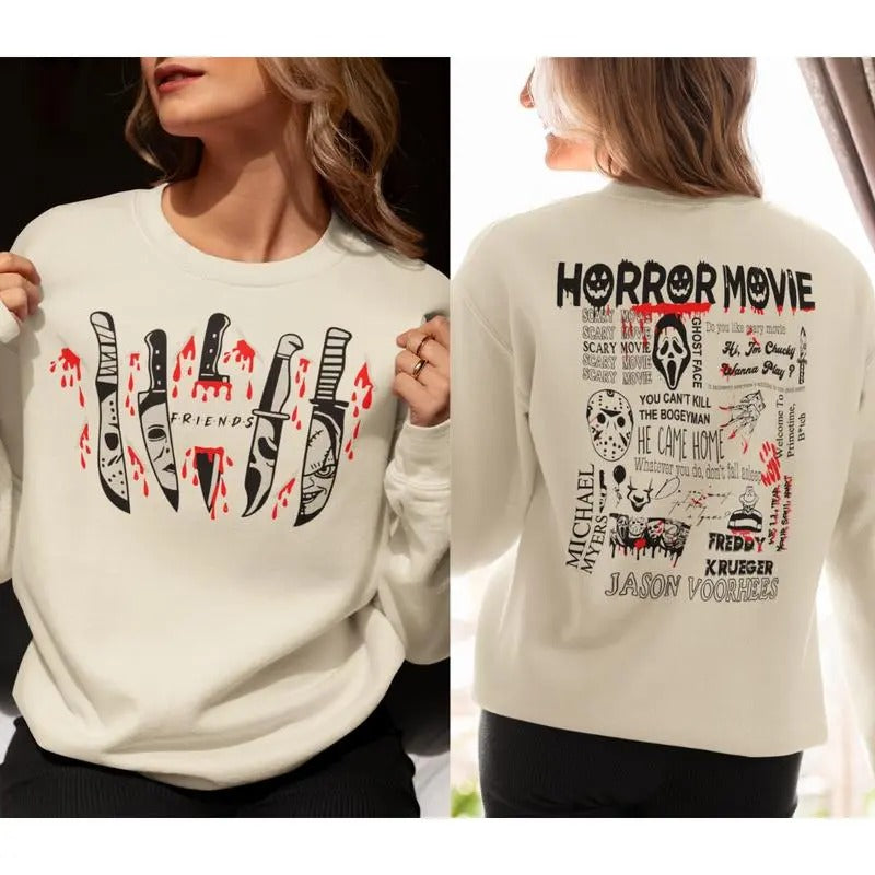 Horrors Movies Characters Knives shirt, Horrors Movies Friends Shirt, Halloween Sweatshirt, Full Color, Cotton Unisex 2...