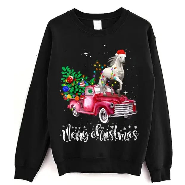 Horse Riding Red Truck Xmas Merry Christmas t shirt, Horse Sweater, Horse Sweatshirt, Horse Christmas Tree Light T Shirt...