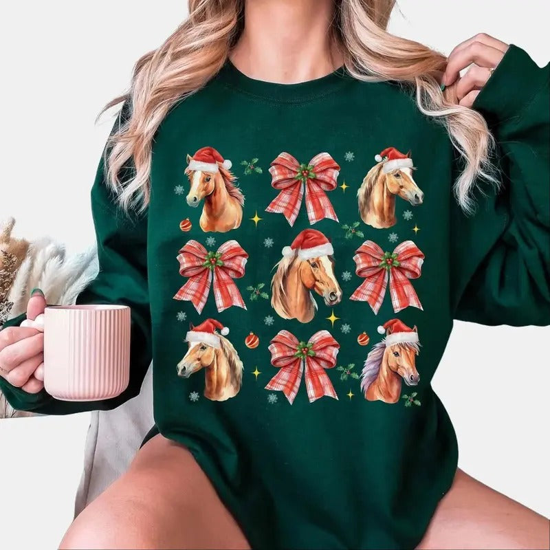 Horse Santa Christmas Sweatshirt, Coquette Bow T-Shirt, Horse Lover Christmas Gift, Farm Animal Holiday Sweater Cotton...