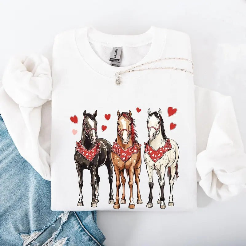 Horses, Western, Valentine's Day, Classic, Country, Cowboy, Cowgirl, Rodeo Sweatshirt, Crew Neck, Women's, Crewneck,...