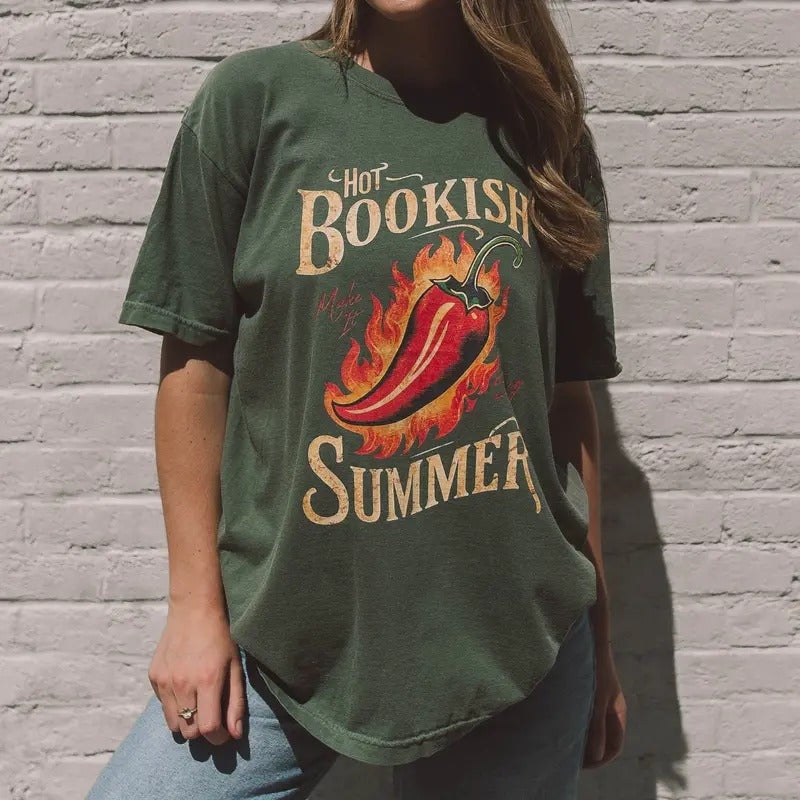 Hot Bookish Summer Graphic T-shirt,  Gift For Book Lover, Womenswear Crewneck Cotton Casual Fashion Hoodie, Sweatshirt