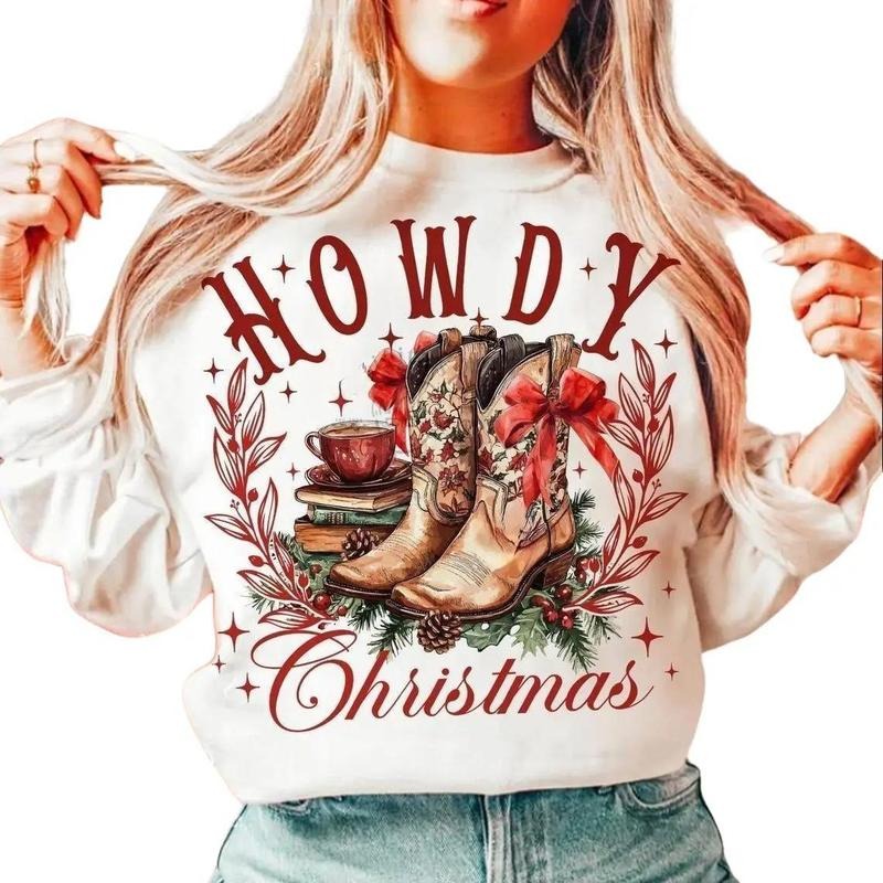 Howdy Christmas Cowgirl Boots, Cowboy Coquette Western Christmas Sweatshirt, Christmas Cowboy Boots Unisex Tee Hoodie