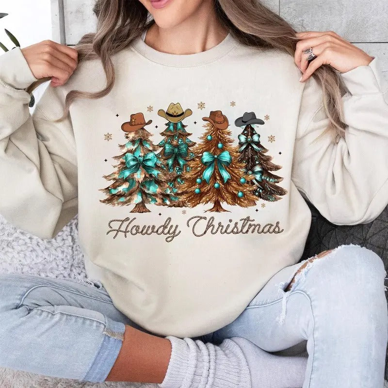 Howdy Christmas Tree Western Retro Crewneck Sweatshirt, Coquette Bow Cowboy Christmas Cowgirl Shirt Hoodie | HypeCrazeTee.com