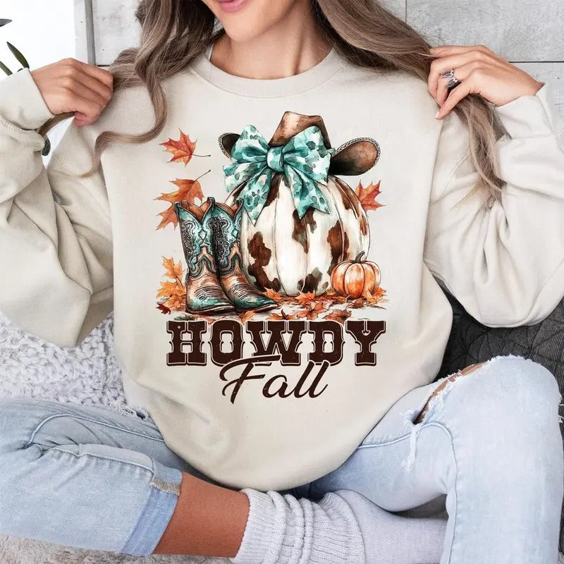 Howdy Pumpkin Western Fall Autumn Coquette Bow Crewneck Sweatshirt, Fall Vibes Western Country Fall Cowgirl Shirt Hoodie