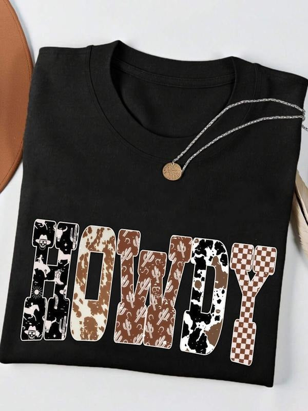 Howdy Western Ghost Hoodie, Spooky Denim Plaid Fall Letter T-Shirt, Vintage Halloween Round Neck Tee, Casual...