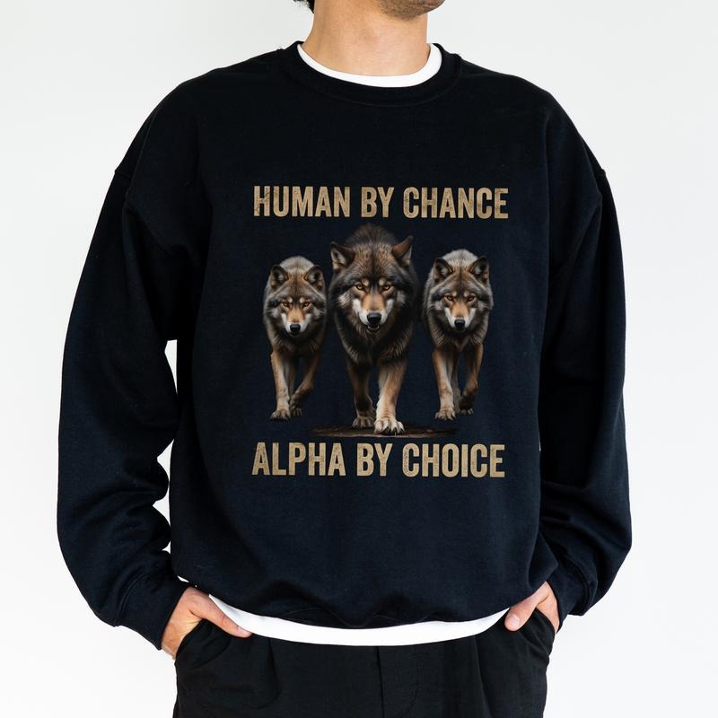 Human By Chance Alpha By Choice Sweatshirt, Vintage Inspirational Crewneck For Dad, Wolves Vintage 90s Long Sleeved...