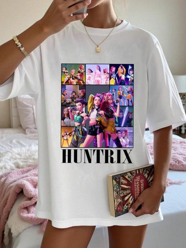 Huntrx K-Pop Movie-Inspired T-Shirt, Summer Casual Loose-Fitting Top, Cartoon Letter Pattern, Moderate Fabric, Perfect...