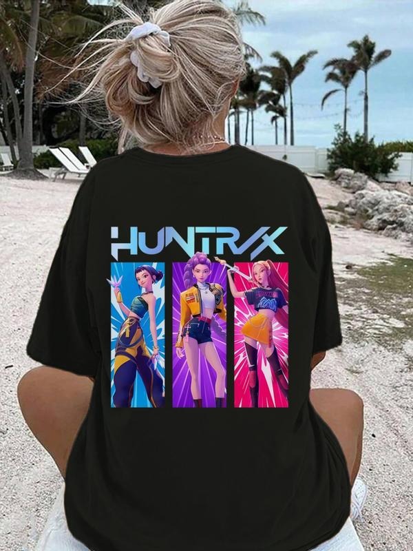 Huntrx K-Pop Women's Graphic T-Shirt, Movie Inspired Casual Loose-Fitting Top, Warm and Vibrant Back Character Artwork...