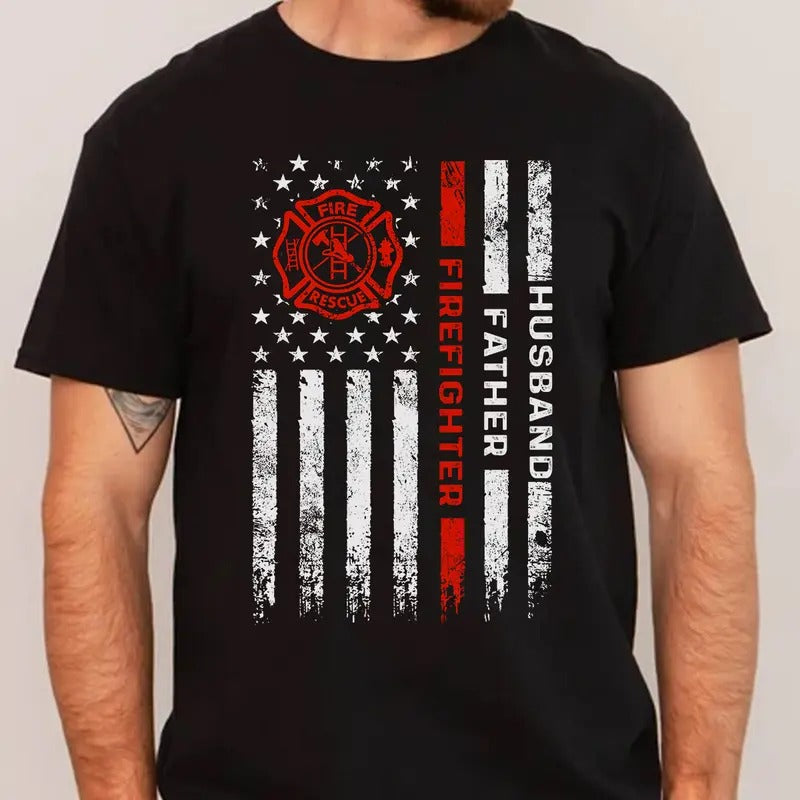 Husband Father Firefighter Hero Firefighter USA Flag Gift T-Shirt Hoodie, Sweatshirt | HypeCrazeTee.com