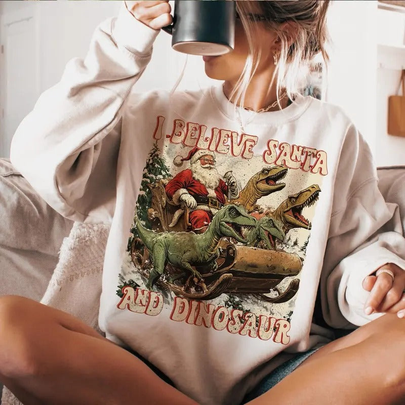 I Believe in Santa and Dinosaurs Sweatshirt, Christmas Santa Dinosaur Lover Unisex Crewneck Sweatshirt & T-shirt in...