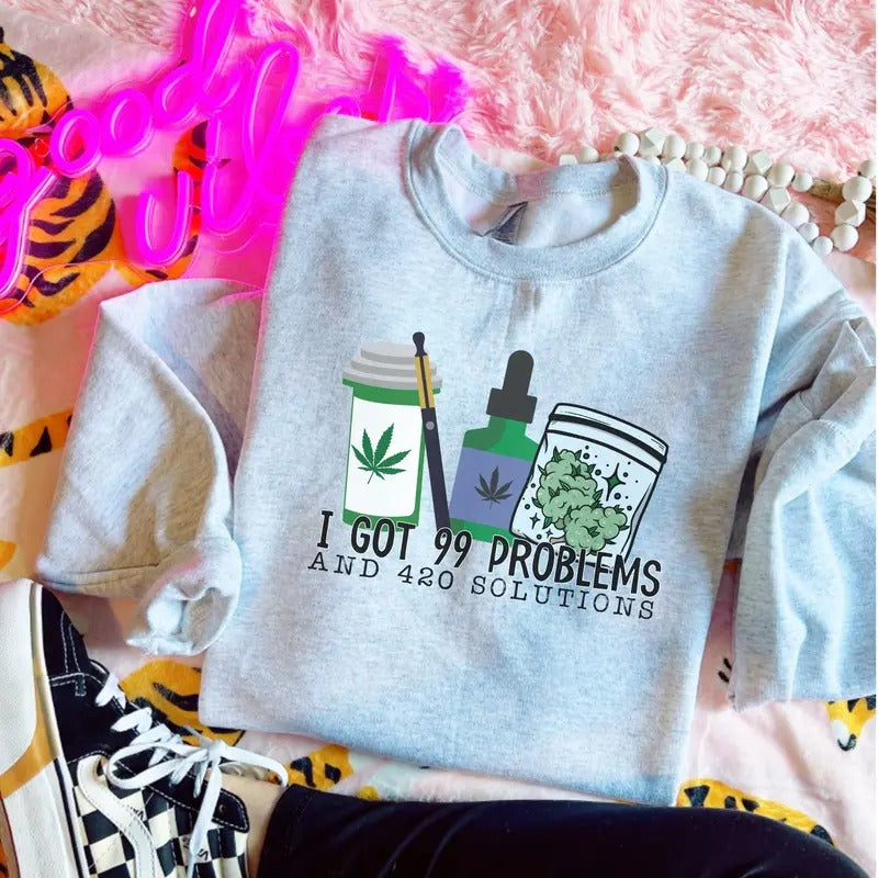 I Got 99 Problems 420 Solutions Ash Grey Sublimation Sizing T-Shirts, Hoodie, Sweatshirt