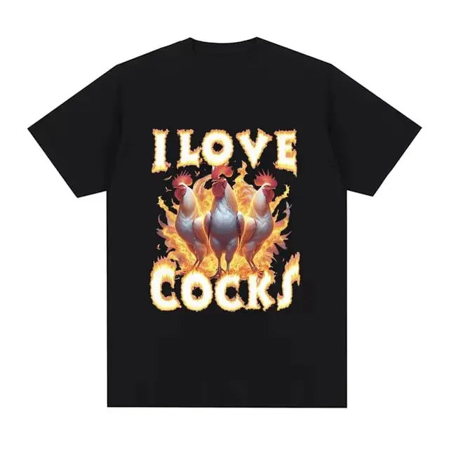 I Love Cocks Roosters Funny Meme Vintage Garaphic Tee Chicken Lovers Short sleeved T-shirt Women's oversized T-shirt...