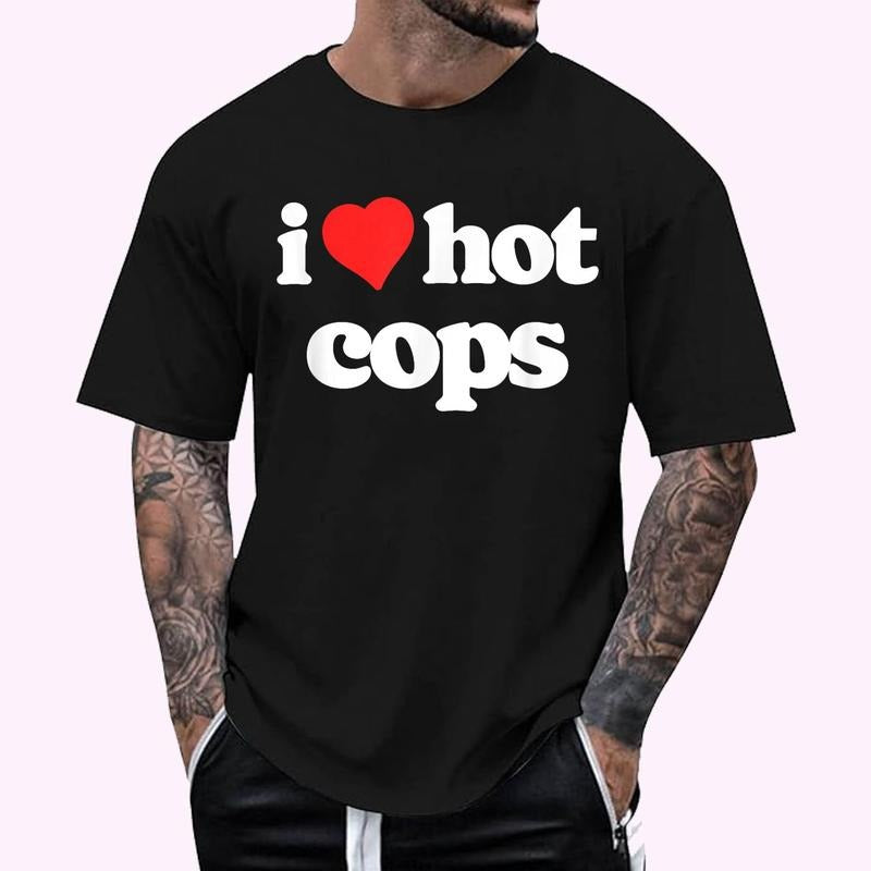 I Love Hot Cops Funny 80s Vintage Heart Policeman T-Shirt