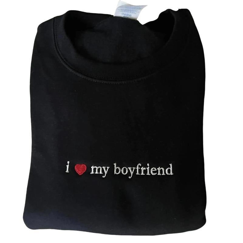 I Love My Boyfriend Embroidered I Heart My Boyfriend Shirt Crewneck Sweatshirt for Women, Casual Style, Long Sleeve,...