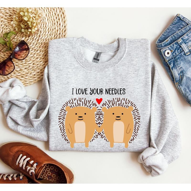 I Love Your Needles Hedgehog Sweatshirt, Vintage Valentine's Day Sweatshirt, Crew Neck, Women's, Crewneck, Valentine's...