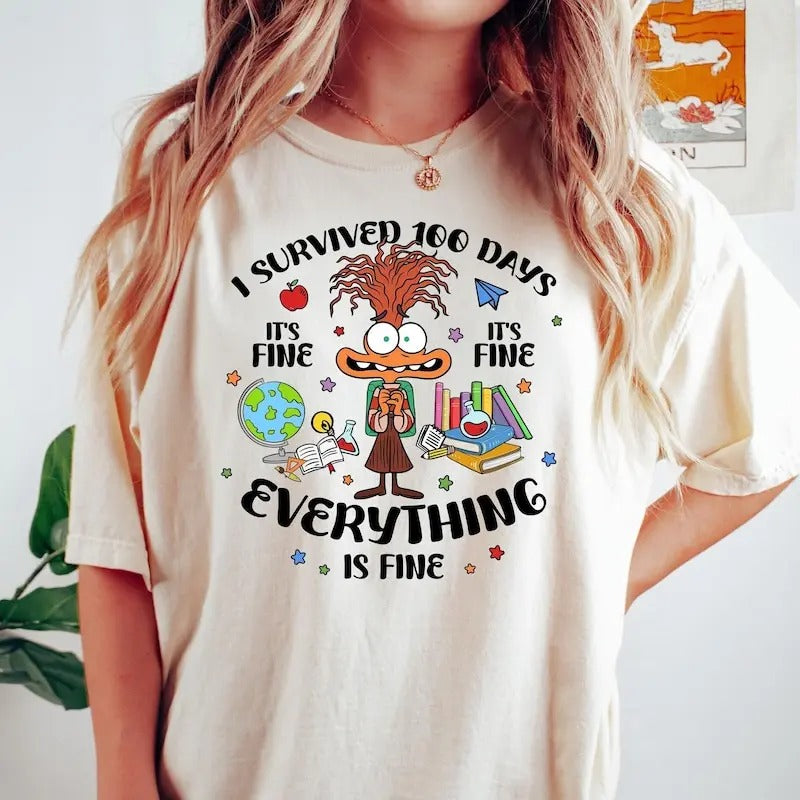 I Survived 100 Days Shirt, It's Fine I'm Fine Everything Is Fine Shirt, 100 Days of School Shirt, School Shirt, Teacher...
