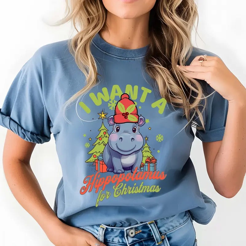 I Want A Hippopotamus For Christmas Shirt, Hippo Christmas Lights Shirt, Xmas Party Shirt, Family Christmas Shirt, xmas...