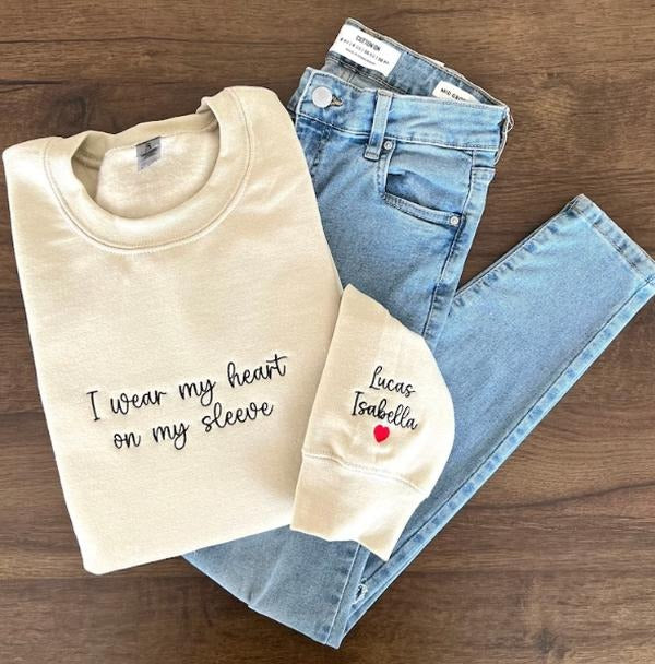 I My Heart My Sleeve Embroidered Custom Mama Shirt Names Pregnancy Reveal New Mom T-Shirts, Hoodie, Sweatshirt