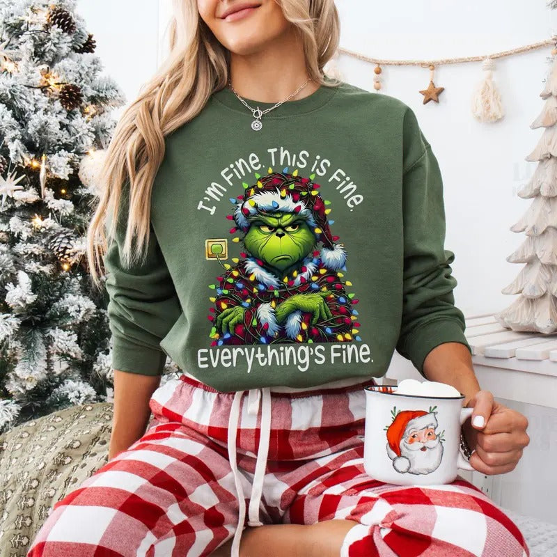 I'm Fine This is fine Everything's fine Sweatshirt, Grinchmas Sweatshirt, Christmas Lights Shirt, Christmas Sweatshirt...