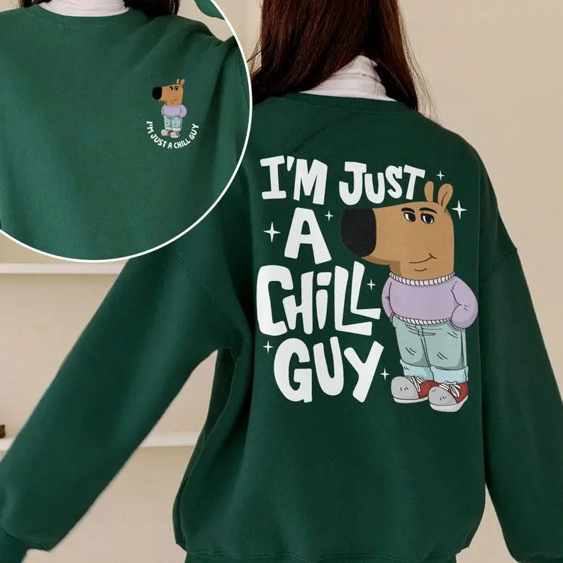 I'm Just A Chill Guy Sweatshirt, Dog Meme Cartoon Crewneck, Funny Chilling Shirt, Gift For Friends Cotton Sweatshit Hoodie