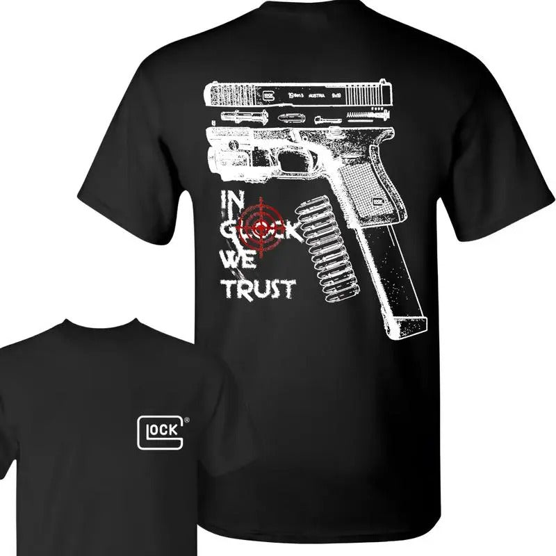 IN GLOCK WE TRUST Black T-shirt with Multicolor Design Hoodie, Sweatshirt | HypeCrazeTee.com
