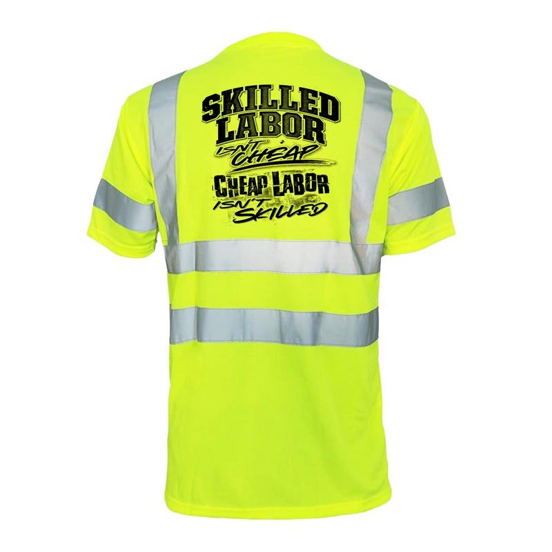 Skilled Labor Reflective Safety T-Shirt - Hi-Vis Yellow Short Sleeve Crew Neck with ANSI/ISEA 107 Class 2 Compliance for...