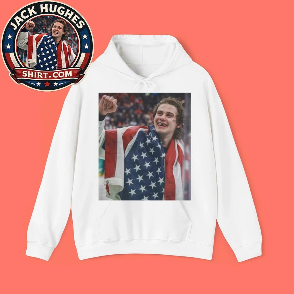 Ice hockey star Jack Hughes celebrates his gold medal with the US team at the 2026 Winter Olympics Shirt