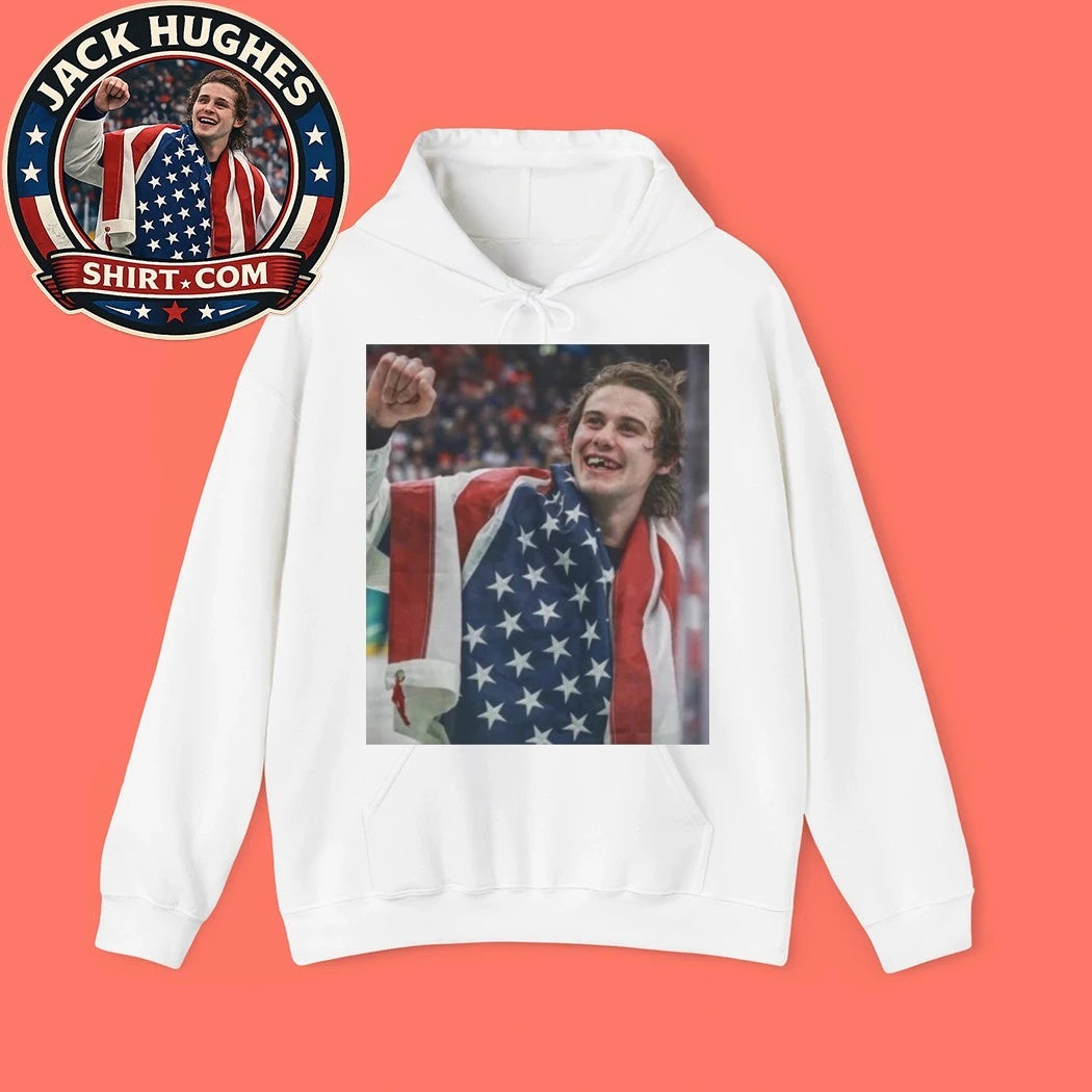 Ice hockey star Jack Hughes celebrates his gold medal with the US team at the 2026 Winter Olympics Shirt