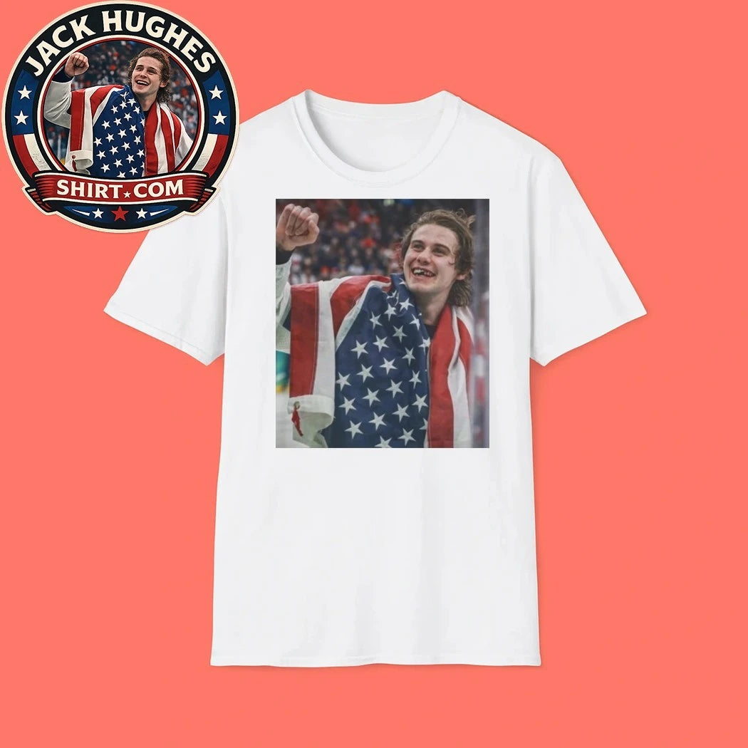 Ice hockey star Jack Hughes celebrates his gold medal with the US team at the 2026 Winter Olympics Shirt
