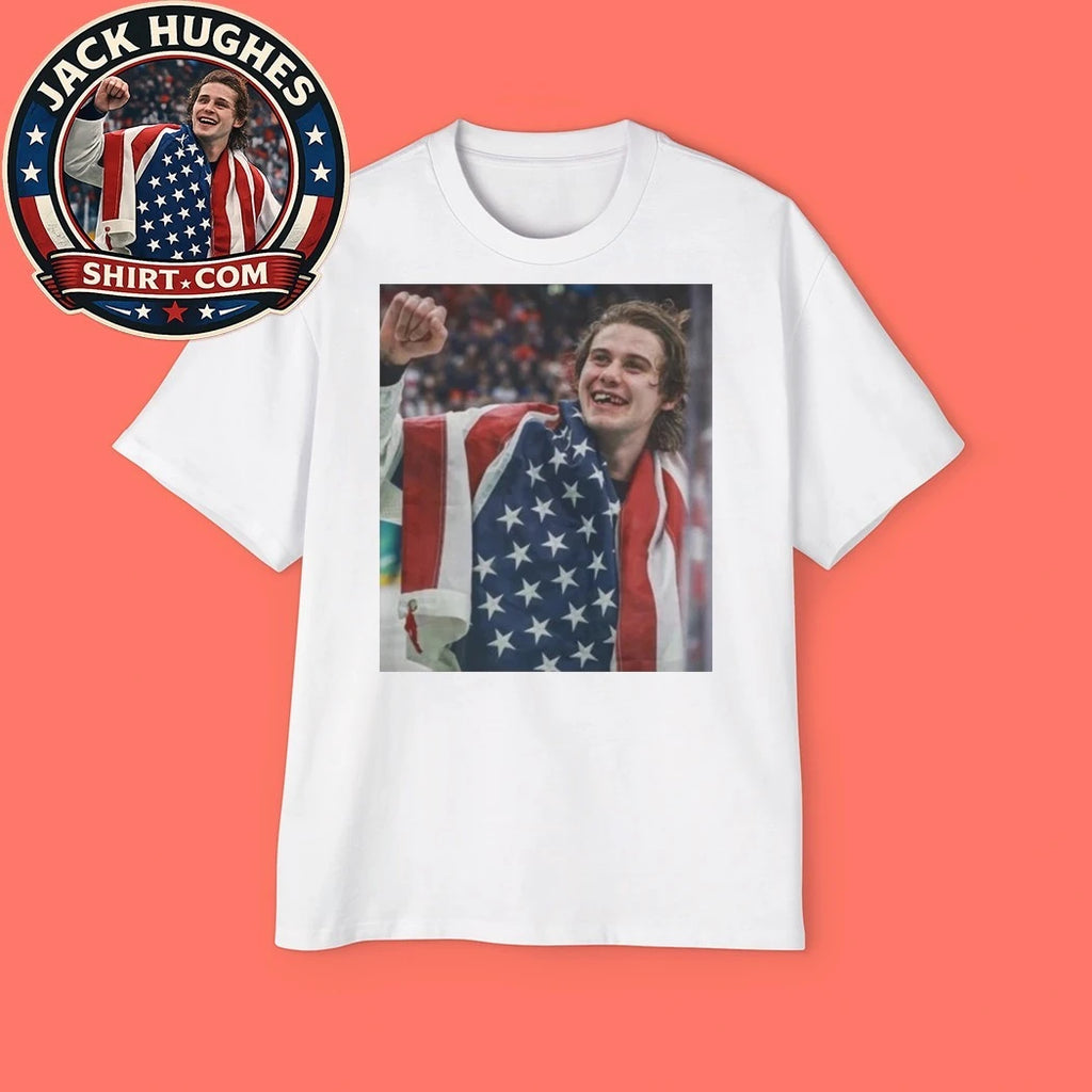 Ice hockey star Jack Hughes celebrates his gold medal with the US team at the 2026 Winter Olympics Shirt