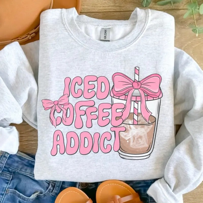 Iced Coffee Addict Ash Grey Sublimation Coffee Casual Womanswear Basic Comfy Cotton Fabric Womenswear T-Shirts, Hoodie, Sweatshirt