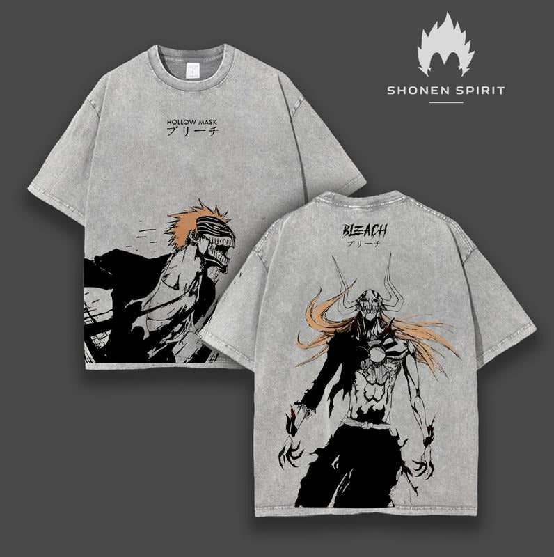 Ichigo "Hollow Mark" Bleach Washed Tee, Double Printed Vintage Oversize Anime T-Shirt, Heavy Cotton Manga Top, Unisex...