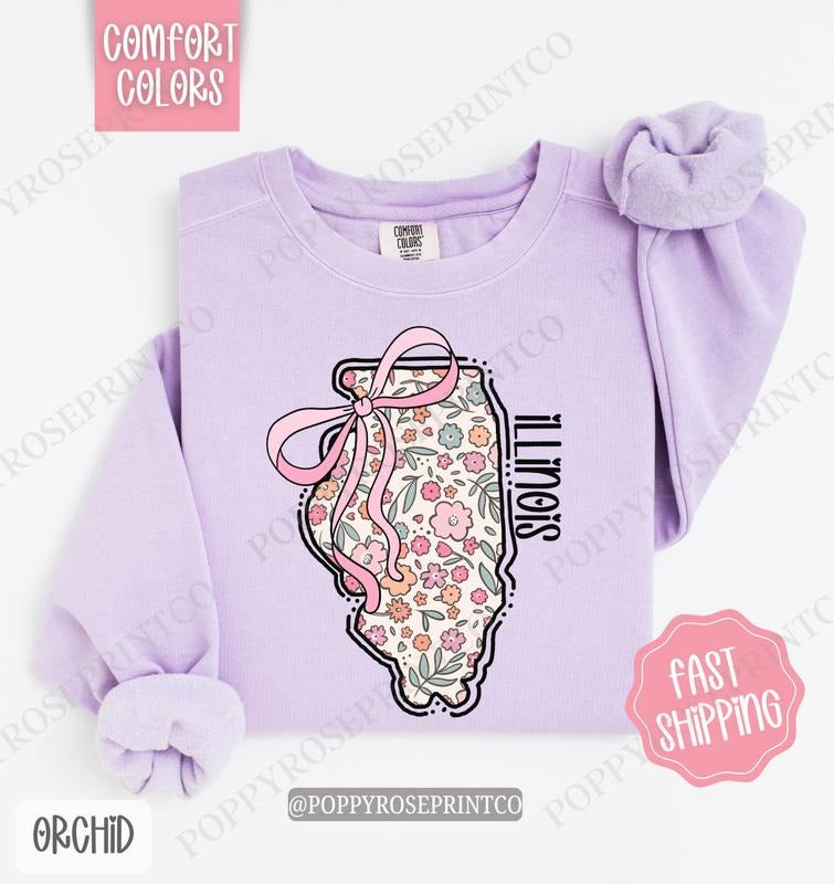 Illinois Floral Comfort Colors Sweatshirt, Illinois Sweatshirt, Cute Bow Illinois Sweatshirt T-Shirts, Hoodie