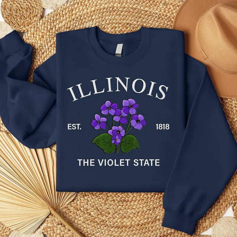 Illinois Violet Embroidered State Flower Sweatshirt, Hometown Embroidered Shirt, Favorite Flower Embroidered Shirt Hoodie