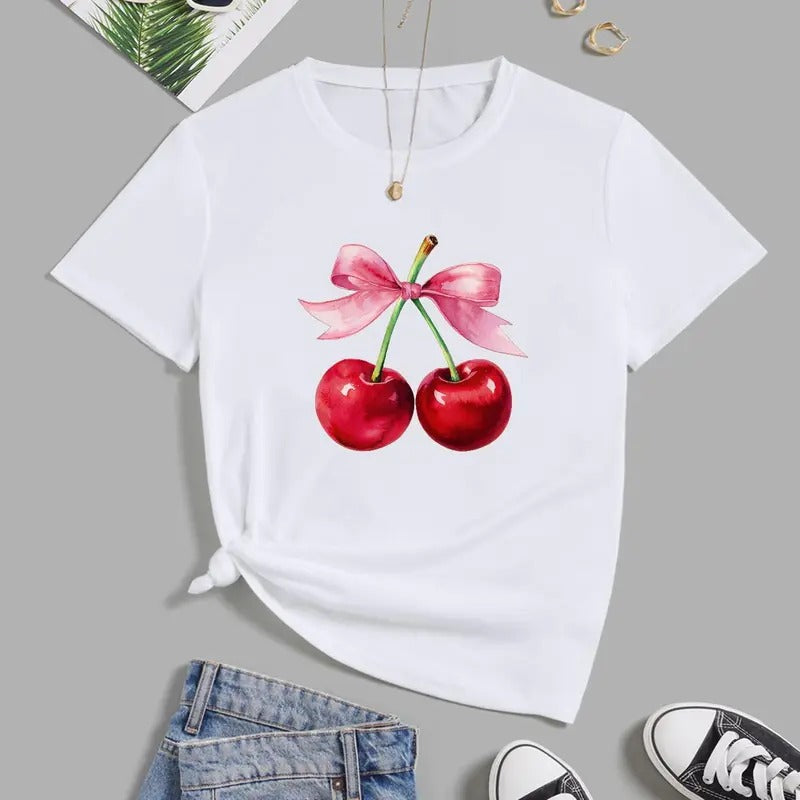 ImprinTee Women's Cherry Print Round Neck Tee, Vintage Trendy Casual Drop Shoulder Short Sleeve T-shirt For Daily Wear,...