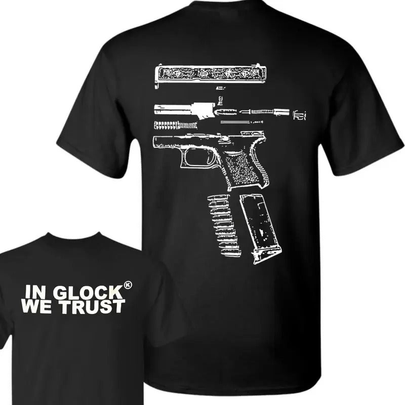 In Glock We Trust Double Side Black Version Shirt Menswear Top, New Design Cotton Unisex 2 Sides Shirt, Fulls Sizes, Full...