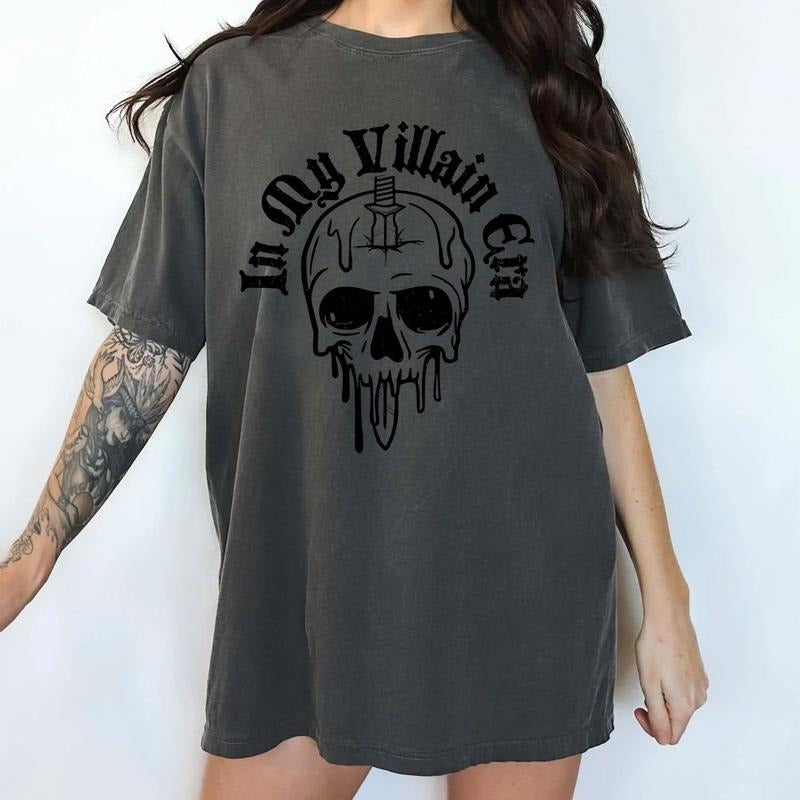 My Villain Era Shirt Gothic Shirt Goth Villain Shirt Vintage Funny Printed Creepy Skull Streetwear Casual Cotton Fabric Soft Fabric Tops Daily Basic Womenswear T-Shirts, Hoodie, Sweatshirt