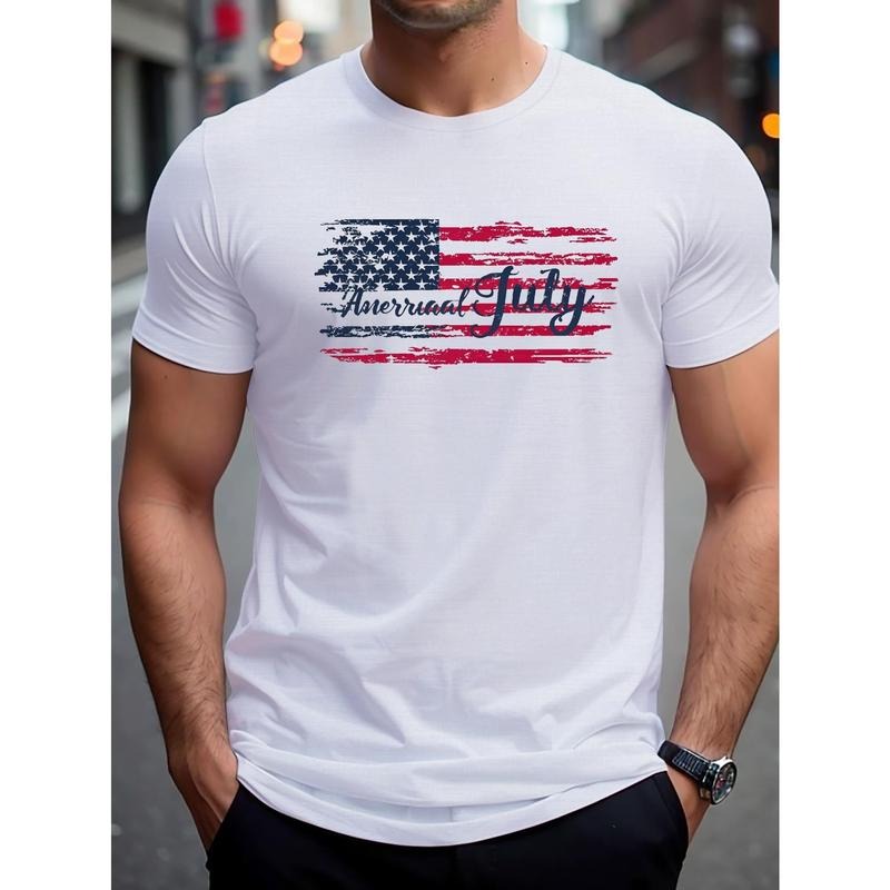 Independence Day American Flag Print Crew Neck Short Sleeve T-shirt For Men, Casual Summer T-Shirt For Daily Wear And...