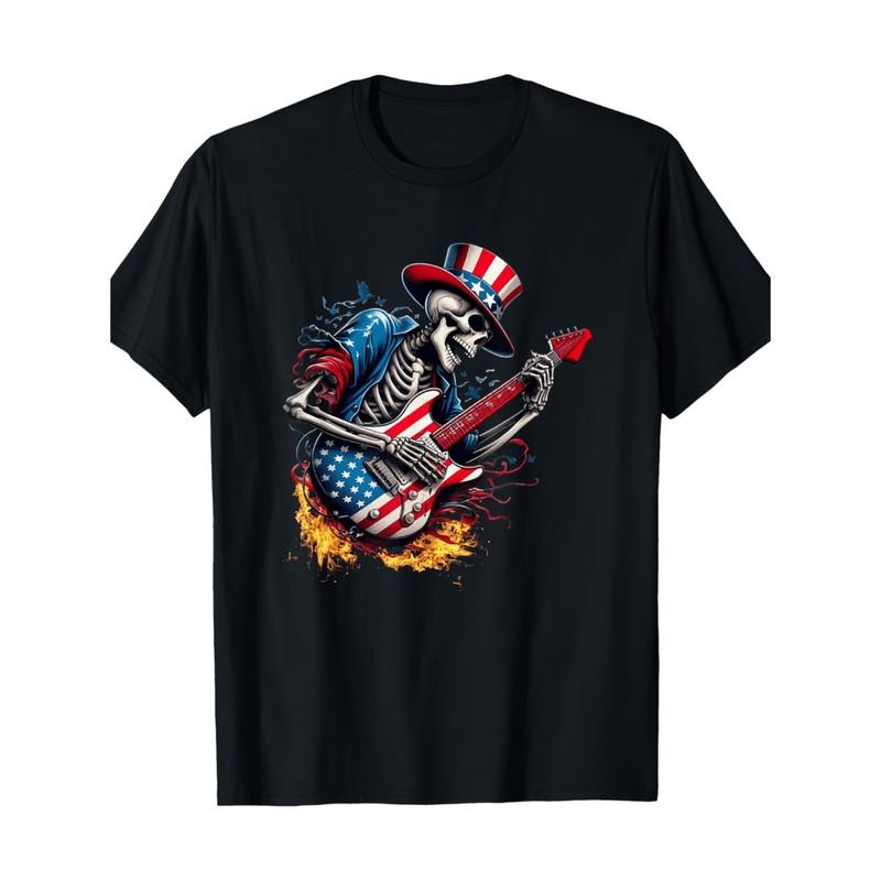 Independence Day Men's Short Sleeve Shirt Skeleton Rocking A Flaming Guitar On Premium Cotton T Shirt Hoodie, Sweatshirt