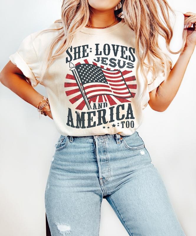 Independence Day Shirt Christian Shirt 4th July Shirt She Loves Jesus America Too Shirt America Retro Shirt Usa Shirt USA Flag T-Shirts, Hoodie, Sweatshirt