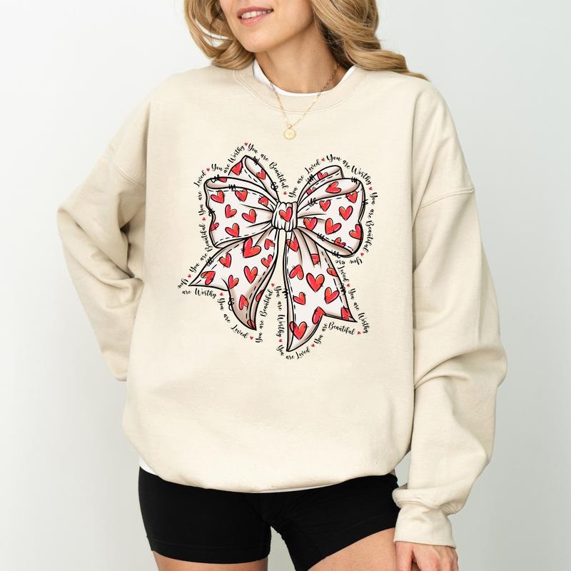 Inspirational You Are Loved Sweatshirt, Valentine Coquette Bow Crewneck, You Are Worthy Valentine Long Sleeved Pullover,...