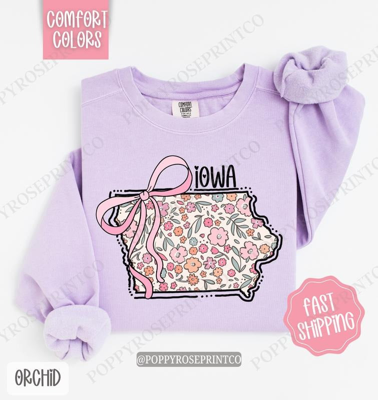 Iowa Floral Comfort Colors Sweatshirt, Iowa Sweatshirt, Cute Bow Iowa Sweatshirt T-Shirts, Hoodie | HypeCrazeTee.com