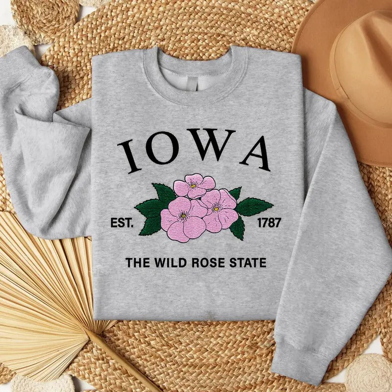 Iowa Wild Rose Embroidered State Flower Sweatshirt, Hometown Embroidered Shirt, Favorite Flower Embroidered Shirt Hoodie