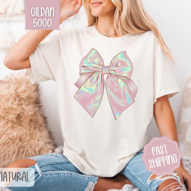 Iridescent Coquette Bow Gildan, Bow Women's Tee, Cute Women's Tshirt Plus Sizes Hoodie, Sweatshirt | HypeCrazeTee.com