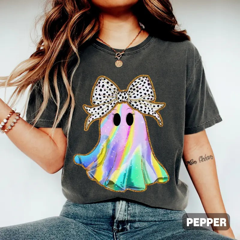 Iridescent Ghost Halloween Shirt, Glitter Ghost TShirt, Adorable Ghost Shirt, Cute Halloween TShirt, Coquette Halloween...