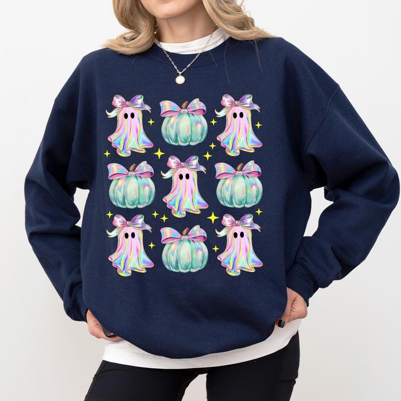Iridescent Pumpkin Ghost Sweatshirt, Iridescent Ghost Crewneck, Coquette Pumpkins Sweater, Autumn Vibes Long Sleeves...